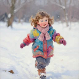 a two year old girl with short wavy curly light brown hair and blue eyes wearing colorful winter clothes is running in a snowy field. beautiful painting by artgerm and greg rutkowski