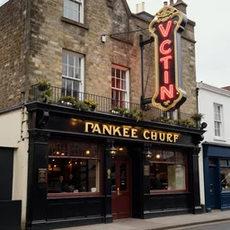 a victorian neon sign outside a pub in 1 8 8 0