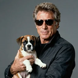 50mm photo, Clint Eastwood wearing sun glasses, holding a boxer puppy