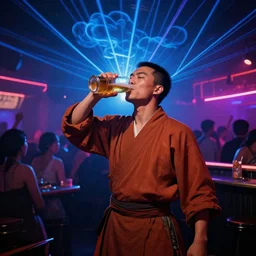 a shaolin warrior monk drinking a beer at crowded nightclub, 8 k, laser show with blue cloud patterns, neon standup bar, deviant art, trending on art station, in the style of the movie scarface,