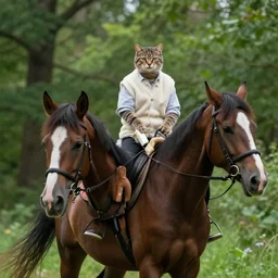 cat riding a horse through a forest