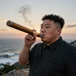 kim jong un smoking a huge cuban cigar!!! during sunset on a mountain, turbulent sea in the background, hyperrealistic, high detail photograph by annie leibovitz