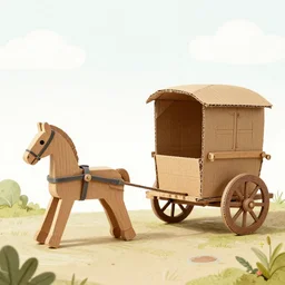 a wooden toy horse pulling a wooden carriage, a storybook illustration by betye saar, pinterest contest winner, ecological art, made of cardboard, made of trash, ray tracing
