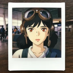 a polaroid film portrait stil of an confident 1 9 5 0's aviator disney style girl, red eyes, finely detailed features, closeup at the faces, perfect art, in the airport yard, gapmoe yandere grimdark, trending on pixiv fanbox, painted by greg rutkowski makoto shinkai takashi takeuchi studio ghibli, akihiko yoshida,