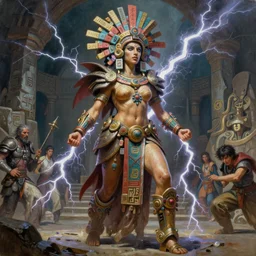 A mixed media painting of the beautiful aztec goddess of war infused with lightning, very aesthetic, curvy, detailed face, elven armor, by Frank Frazetta, Greg Rutkowski, Boris Vallejo, Beeple, Yoko Taro, Christian MacNevin, epic fantasy character art, goddess of anger, viking runes, high fantasy, CGsociety, full length, exquisite detail, post-processing, masterpiece, cinematic, odin's stone arena background