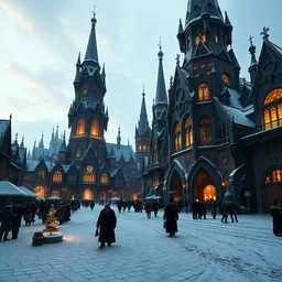 concordia a pleasant town built by powerful magic, a city of black obsidian crystal thin towers, wizard towers!!, elegant organic architecture, obsidian glass, snow, magical lights, marchand and crowd in the street, warm tones, scenicview of a plaza, low fantasy, by marc and raphael lacoste, cinematic and dramatic lighting