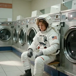 a beautiful photo of an astronaut waiting in a laundromat, '70, soft light, morning light, photorealistic, realistic, octane, 8k, cinematic