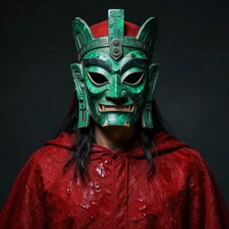 portrait of man, emerald ritual mask of god, red mantle, oil texture, dark, majestic, powerful, dnd artstyle, john howe, greg rutkowski