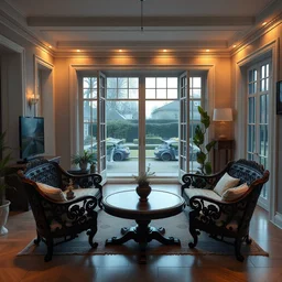 an 2 0 2 0 english living room, garden view, clean architecture, intricate chairs and a dark brown wooden teak victorian round table, tv screen, some fresh plants, night time, soft light, peaceful, 8 k octane render
