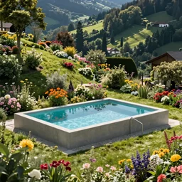 a minimalist swimming pool made of glass and concrete on the edge of a bavarian garden hill estate filled with beautiful flowers of all colors and from all around the world