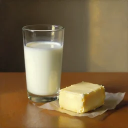 still life closeup of a glass of milk and stick of butter on the table illuminated in the early morning light art by anders zorn, wonderful masterpiece by greg rutkowski, beautiful cinematic light, american romanticism thomas lawrence, greg rutkowski rule of thirds, golden ratio global illumination caustics subsurface scattering