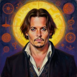 portrait of johnny depp by mandy jurgens, cartoon, oil painting, visionary art, symmetric, magic symbols, holy halo, dramatic ambient lighting, high detail, vibrant colors,