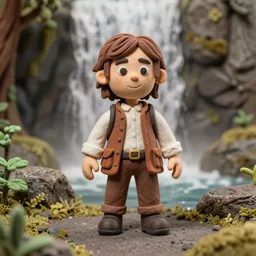 high - res photograph of a claymation sculpture action figure hipster frodo, highly detailed sculpey diorama, forest setting, waterfall backdrop, smooth, sharp foccus, commercial product photography,