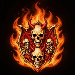 Born in flames, I have been blessed, my family crest is a demon of death, by Andreas Rocha + Ted Nasmith, dark, cinematic lighting, masterpiece, highly detailed, 8k resolution, trending on art station