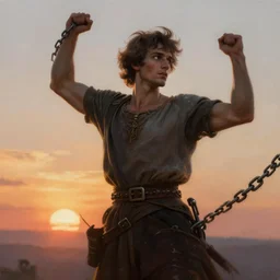 an inspirational painting of prince breaking his chains, by delphin enjolras, sunrise background, freedom, a new dawn, highly detailed, sharp focus, cinematic, trending on artstation