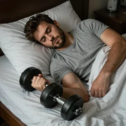 a guy is asleep on on comfy bed , he his holding a dumbell in his hands. very detailed ,dramatic , octane render.