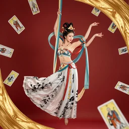 aerial dance + chinese princess + goddess + tang dynasty + mythology + gorgeous + silk + floating ribbon + ink painting + tarot cards + red background + golden silk edge + unreal engine