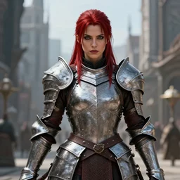 portrait, a female dwarven warrior wearing iron breastplate, dragon age, bold and proud, highly detailed, sharp focus, in the city, full rendered, trending on artstation by john willian waterhouse