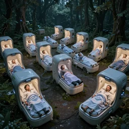 cybernetic sleeping pods, diverse humans sleeping individual healing pods, humans sleeping in healing pods, wide wide angle, night, elaborate, forest, highly detailed, dim lighting