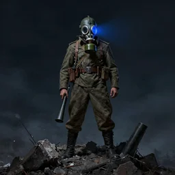 portrait of futuristic world war 1 russian flamethrower soldier with gp - 5 gas mask with blue light glowing, on top of a giant debris pile, dark night background, moody colors, high details, dripping paint, greg rutkowski, craig mullins, ash thorpe, fibonacci rhythm ar