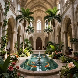 beautiful cathedral interior with koi pond in the middle surrounded by palm trees, ivy, flowers, tropical plants, roses, and with archways, rendered in octane render with photorealistic volumetric lighting, cinematic,!! horizontal symmetry!!, a flemish baroque by thomas cole, sanctuary, unsplash contest winner, maximalism, sanctuary