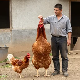a 2 meter tall chicken next to a 1,7 meter tall farmer.
