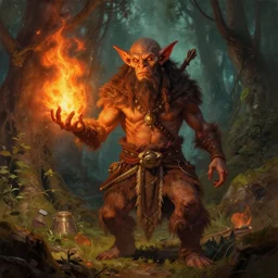 goblin pyromancer shaman in a forest, very detailed digital painting of a goblin fire shaman, by greg rutkowski and alexandre chaudret