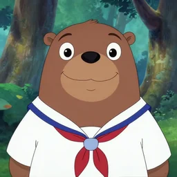 don bluth, loish, artgerm, joshua middleton, anthropomorphic walrus, wearing a sailor suit, smiling, symmetrical eyes, symmetrical face, colorful animation forest background