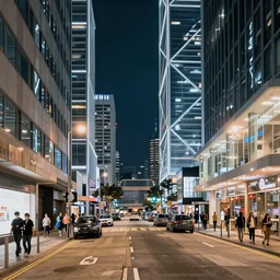 street level view looking down the street of futuristic hong kong city at night by cyril rolando and naomi okubo and dan mumford and ricardo bofill. advertisements. neon. tower blocks.