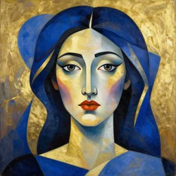 a beautiful portrait of one very beautiful woman in the art style of cubism, vibrant colors, blue and gold colors, 4 k resolution, high detail, symmetrical face