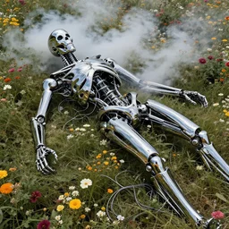 destroyed terminator lying in a field of flowers, twisted metal, chrome, reflections, anthropomorphic, photorealism, smoke, metal, 8 k, surreal, wires, smooth, sharp focus, top view, extremely detailed, hyperrealism, elegant, establishing shot, by jeff koons, artgerm and greg rutkowski