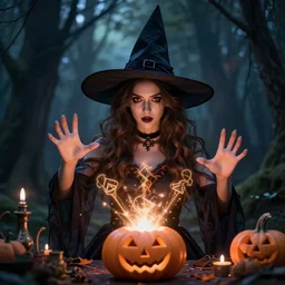 halloween witch girl with making witchcraft, magic in her hands, spells. beautiful young woman in witches hat conjuring. spooky dark magic forest background. magician. perfect faces