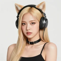 realistic beautiful gorgeous natural cute Blackpink Lalisa Manoban blonde hair cute fur blonde cat ears, wearing camisole, wearing headphones, wearing black leather choker artwork drawn full HD 4K highest quality in artstyle by professional artists WLOP, Taejune Kim, Guweiz on Artstation Pixiv