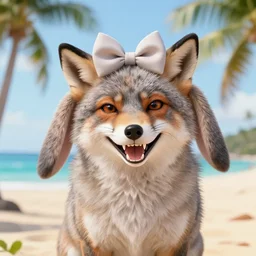 an adorable zany girly alluring chubby charming but vicious fennic fox wolf rabbit hybrid, with long floppy rabbit ears, wearing a bow on the top of its head, grinning at the camera with a mischievous look, sharp teeth, happy lighting, at a tropical beach, greg rutkowski and alphonse mucha and jin xiaodi and anthony devine