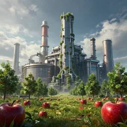 🍎🏭🌳, style artstation, style greg rutkowsk, octane render, unreal engine 6, epic game graphics, fantasy, ciberpunk, conceptual art, ray tracing