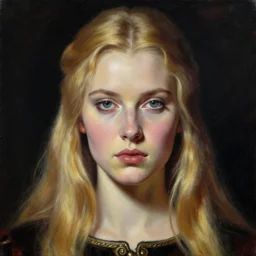 hyperrealism oil painting, complete darkness background, close - up face portrait, medieval fashion model, long blonde hair, in style of classicism mixed with 8 0 s sci - fi japanese books art
