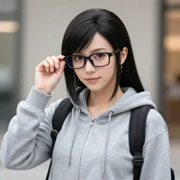 tifa lockheart with grey hoodie and black reading glasses