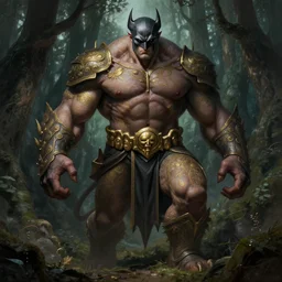 portrait of bruce wayne as a hulking herculean demon, forest, godlike, full body, fantasy, intricate, elegant, highly detailed, digital painting, artstation, concept art, sharp focus, illustration, art by artgerm and greg rutkowski and alphonse mucha