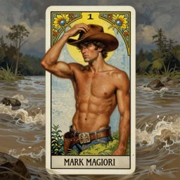 a dramatic, epic, ethereal tarot painting of a handsome!! brown shirtless man in a cowboy hat | background is a torrential flooding river | tarot card, art deco, art nouveau | by Mark Maggiori | trending on artstation