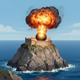 a nuklear bomb explodes in a fortress on a steep rock in the ocean, by crivelli, carlo