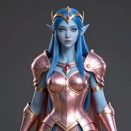 portrait of a regal elf with blue hair and light blue skin wearing a rose gold breastplate and circlet, 3 d render by mandy jurgens, artgerm, and lu ji, centered, artsation contest winner, cgsociety, fantasy art, cryengine, concept art, photorealism, daz 3 d, sketchfab, zbrush, vray