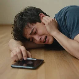 Gigachad crying because he dropped his mobile phone on the floor. His phone is flat on the floor.