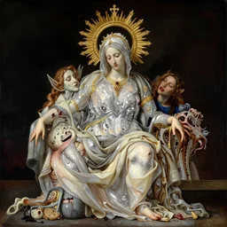 highly detailed 8 k la pieta medium shot painting of catholic veilded transparent lady with rotting still life, lawrence alma - tadema, anna dittmann, slime, artstation, special effects makeup, maximalist, masterpiece, glittering, gold, silver, ivory, hyperreal, orientalism, nicola samori