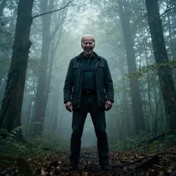 joe biden standing ominously far in the foggy woods with a demonic wide smile in his face in the new horror movie, creepy