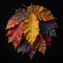 colorful beautiful dry leaves, volumetric dramatic light, dark black background, sharp focus, highly realistic, octane render, art by greg rutsowski
