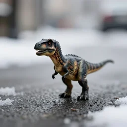 award winning photo by saul leiter of a tiny dinosaur standing in the street, tiny gaussian blur, insanely detailed, insanely intricate, depth of field, low contrast, snowy, wide aperture, macro