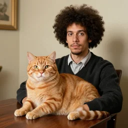 fat orange tabby cat, man with afro, american gothic by grant wood