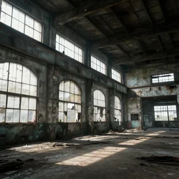 abandoned industrial factory interior, sunlight filtering through the windows, digital art, trending on artstation