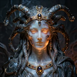 detailed portrait, high priestess, gorgon, regal molten glassworks face sculpted features, large eyes, statuesque, translucent skin, silk hair, tech noir, opulent, encrusted, jewel, lit from within, chiaroscuro, organic impressionism, deep backdrop, natural colors, octane render