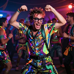 photorealistic of a crazy man dancing in a rave party he makes funny steps and strange faces, wears black glasses and phosphorescent clothes
